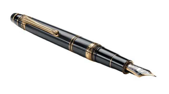 Sleek, black fountain pen with gold accents.  High-quality,  polished  metal construction.  Elegant,  sophisticated design.  Angled view,  isolated against black background.  Gold nib visible