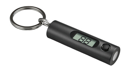 A small, black, cylindrical keychain-mounted digital gauge.  Features a digital display showing a numerical value, likely a measurement, and a metal keyring