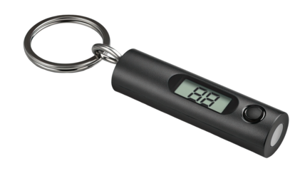 A small, black, cylindrical keychain-mounted digital gauge.  Features a digital display showing a numerical value, likely a measurement, and a metal keyring