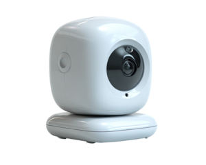 White cube-shaped baby monitor camera, glossy finish