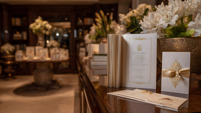 Elegant wedding invitations and stationery displayed in a luxurious, dimly lit setting with floral arrangements and ornate decor