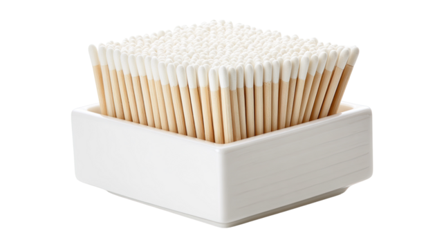 White square container holds numerous wooden toothpicks with white tips