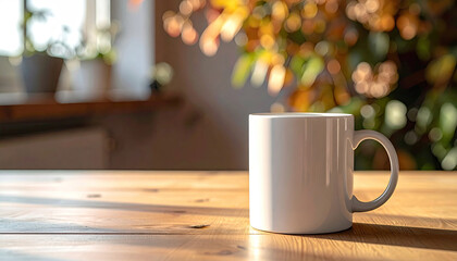 Fototapeta premium White cup of coffee on wooden table