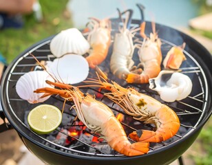 Grilled seafood on a charcoal barbecue