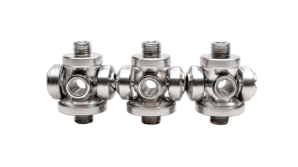 Three polished, metallic,  industrial  component assemblies, arranged horizontally.  Each has a central hub with multiple  outlets and threaded connections