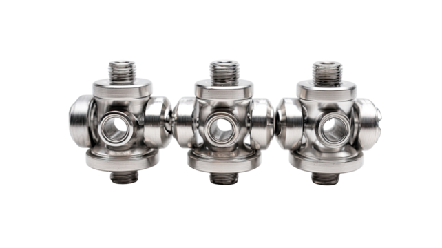 Three polished, metallic,  industrial  component assemblies, arranged horizontally.  Each has a central hub with multiple  outlets and threaded connections
