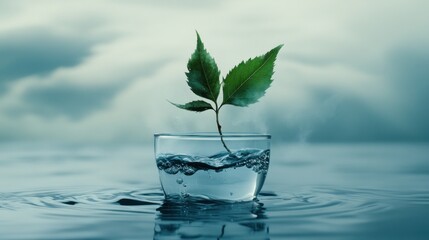 A fresh sprout rising from the water's surface, with a clear sky backdrop