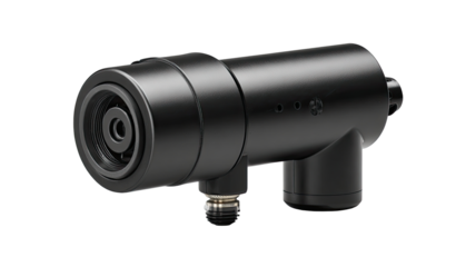 Dark, cylindrical device, likely a filter or component with multiple nozzles and connections