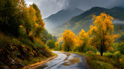 Obraz premium Scenic autumn road winds through vibrant golden forest with misty mountains in the background, evoking peaceful travel