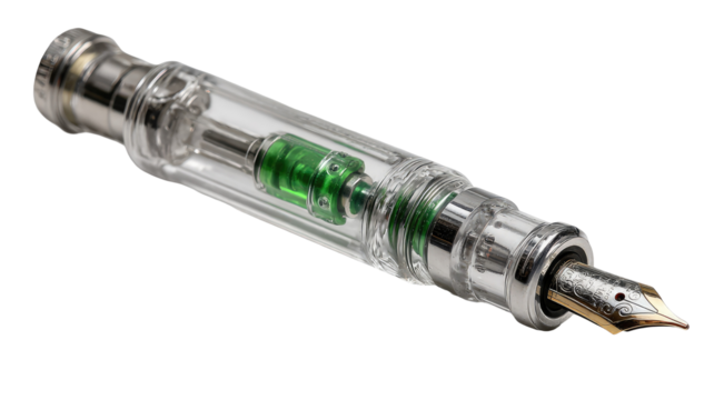 Transparent pen with visible internal mechanisms.  Clear body, metallic accents,  green components,  fine nib
