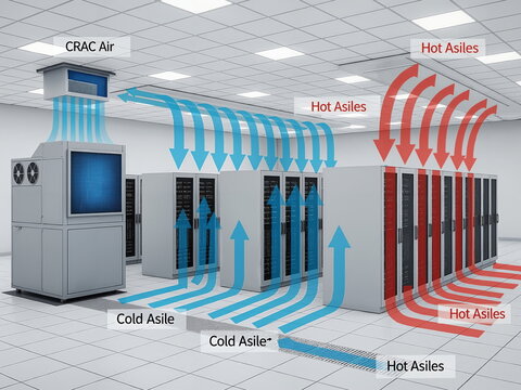 technical diagram of a data center showing a hot and cold aisle containment system. The image illustrates efficient cooling and airflow management for server racks
