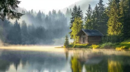 Fototapeta premium Peaceful cabin scene beside a misty lake surrounded by evergreen trees in the morning sun