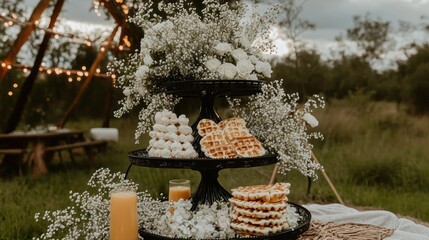 Outdoor Brunch Display with Waffles, Donuts, and White Flowers for a Special Celebration
