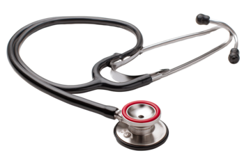 Medical stethoscope, black tubing, steel binaurals, red earpieces