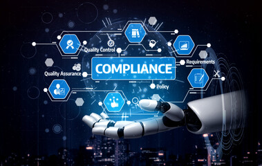 A futuristic robot hand showcases compliance concepts in a digital space. The image features various icons representing quality control, assurance, and policy in a connected environment. Tessel