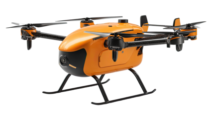 Orange drone with black components,  angled view.  Equipped with multiple cameras