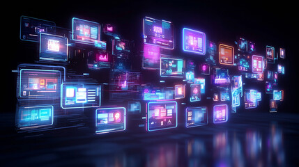 In a dark virtual space, colorful digital screens showcase dynamic data visualizations and graphs