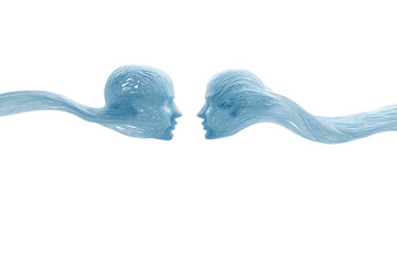 Two ethereal, light-blue faces, connected by wispy, flowing tendrils, against a black background