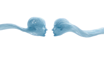 Two ethereal, light-blue faces, connected by wispy, flowing tendrils, against a black background