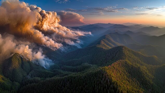 Aerial view of a wildfire smoke plume over mountainous terrain at sunset