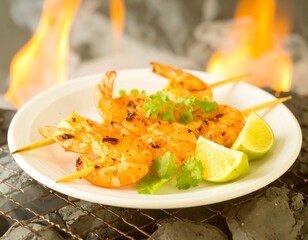 Grilled shrimp skewers on a plate, served with lime and cilantro, over charcoal grill with flames