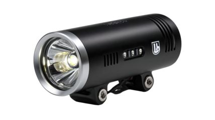 Compact black headlamp with a bright LED light source.  Features a silver-colored ring around the lens, and small black attachments for mounting