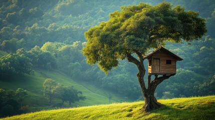 Whimsical treehouse perched amidst a verdant landscape, inviting dreams of childhood adventures
