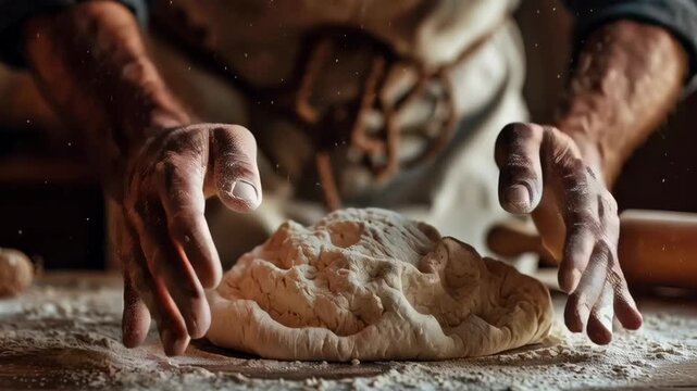 A man is kneading dough on a table. The dough is in the shape of a ball