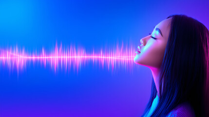 A woman stands in profile, her long hair cascading down her shoulder. Behind her is a colorful soundwave graphic in blue and pink, creating a vibrant atmosphere at night