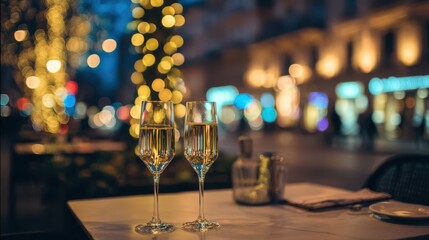 romantic dinner with two glasses of champagne on an outdoor table