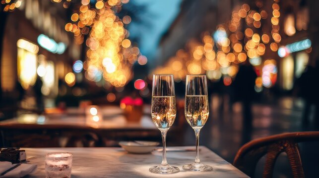 romantic dinner with two glasses of champagne on an outdoor table - Powered by Adobe