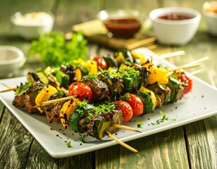 Grilled skewers of meat and vegetables