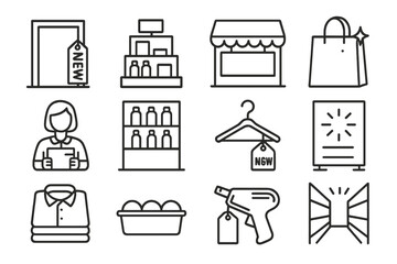 New Arrivals Icons. Line style icons of new arrivals in store: entry door with “new” tag, display shelf with sign, storefront