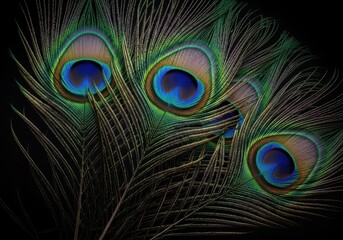 Obraz premium Closeup of three iridescent peacock feathers with intricate eye patterns