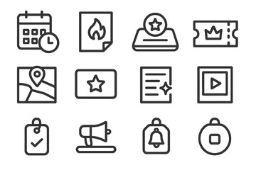 Event Icons Collection. Line style icons of recent events: calendar icon with clock tag, event flyer with flame, schedule tray
