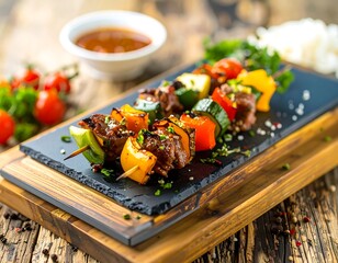 Grilled skewers with colorful vegetables and beef
