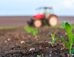 Young corn sprouts in fertile soil, tractor in the background
