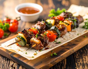 Grilled skewers with colorful vegetables on a wooden board