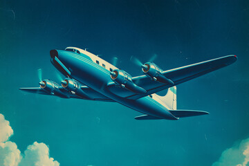 a 1950s advertising illustration of an airplane on a blue background, room for text