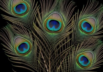 Obraz premium Closeup of vibrant peacock feathers with intricate eye patterns against a black background