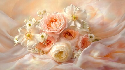 Floral serenity: Pastel blooms and soft fabric convey ethereal beauty and romance