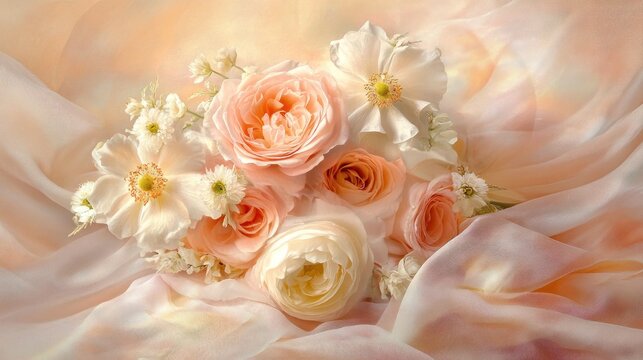 Floral serenity: Pastel blooms and soft fabric convey ethereal beauty and romance