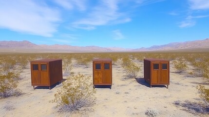 Isolated cabin structures set in arid landscape evokes a sense of solitude and design