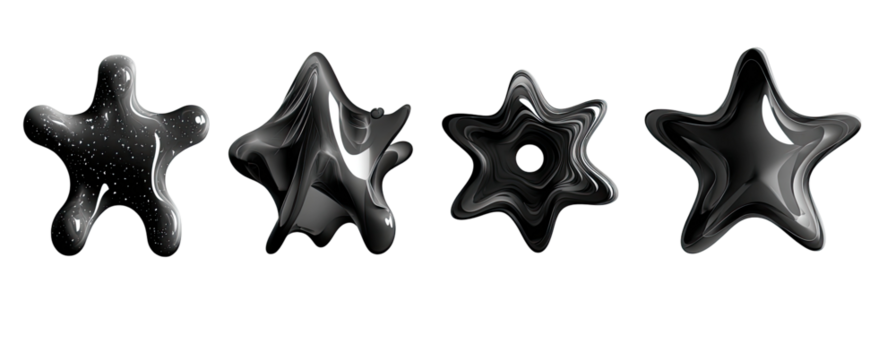 Abstract, stylized, black and gray star shapes with flowing, liquid-like textures