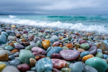 Close-up view of colorful pebbles on a shoreline