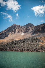 mountain landscape with lake and blue sky
