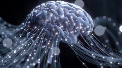 A brain with a bunch of wires coming out of it. The brain is surrounded by a lot of light and it looks like it's glowing - Powered by Adobe