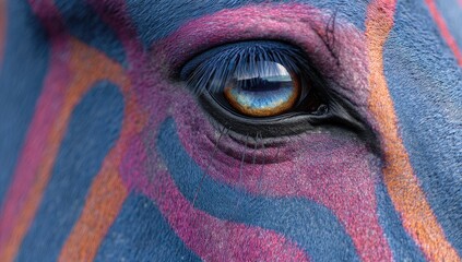 A close-up view of a brightly colored zebra eye, showcasing vibrant hues of blue, pink, and orange, and capturing the intricate details of the patterned skin.
