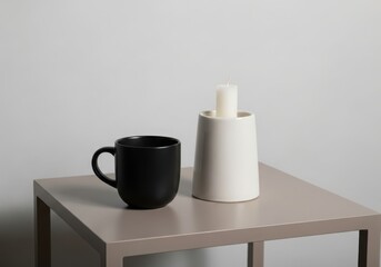 Black ceramic mug and white candle holder on a light gray table against a white background