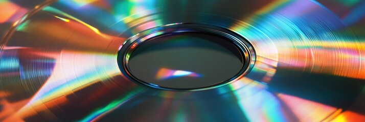 Colorful reflections and patterns on a vinyl record showcasing its glossy surface in bright lighting